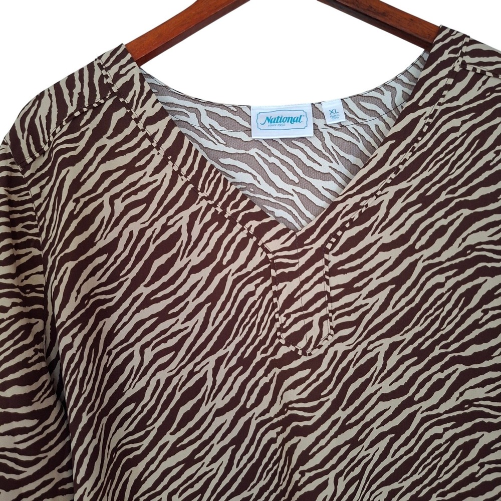 National Zebra Print Blouse Womens XL Brown‎ Tan 3/4 Sleeve V-Neck Safari Top
